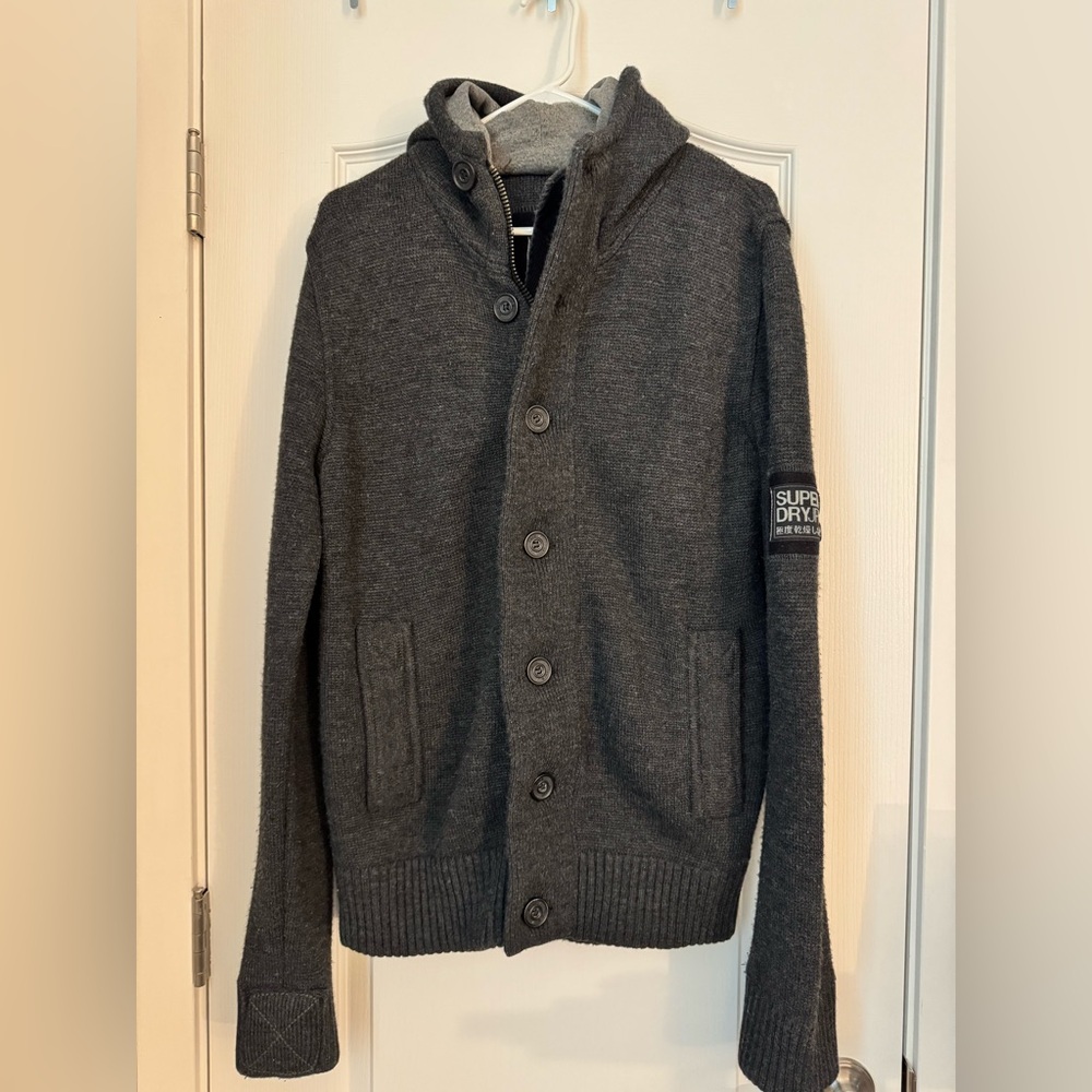 Mens Superdry, Charcoal grey, zip up/button hoodie.